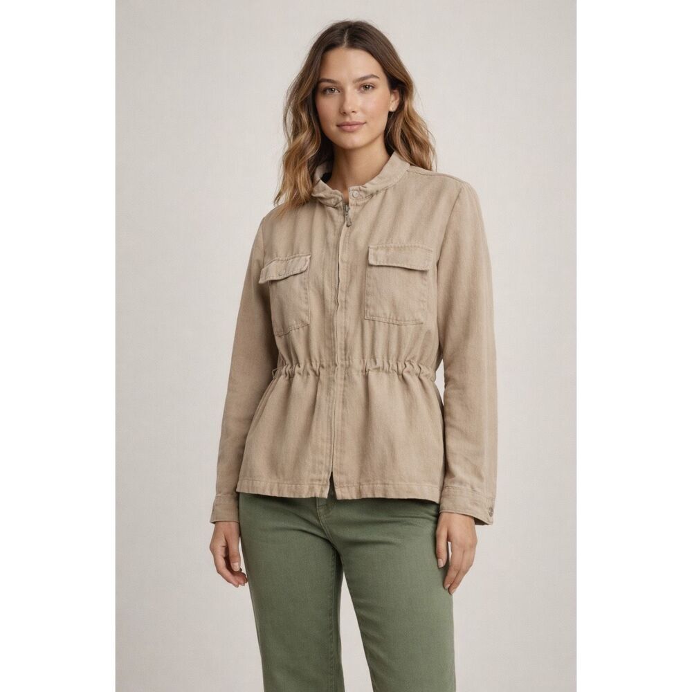 Tahari Beige Utility Jacket Womens Large Cinch Waist Lyocell Linen